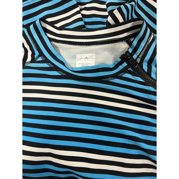 Cabana Life Rashguard Swim Top Blue Gray Stripe Zip Neck Size L - Picture 3 of 4